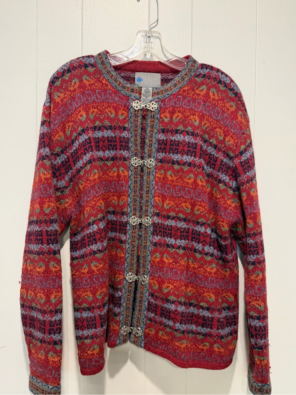 Red Patterned Wool Cardigan Sweater